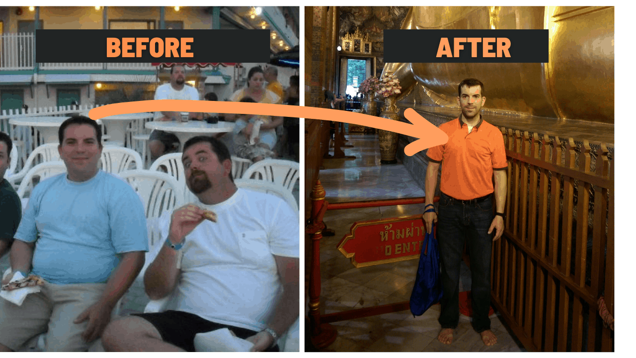 Eric Gamble in a before picture really fat and an after picture quite thin