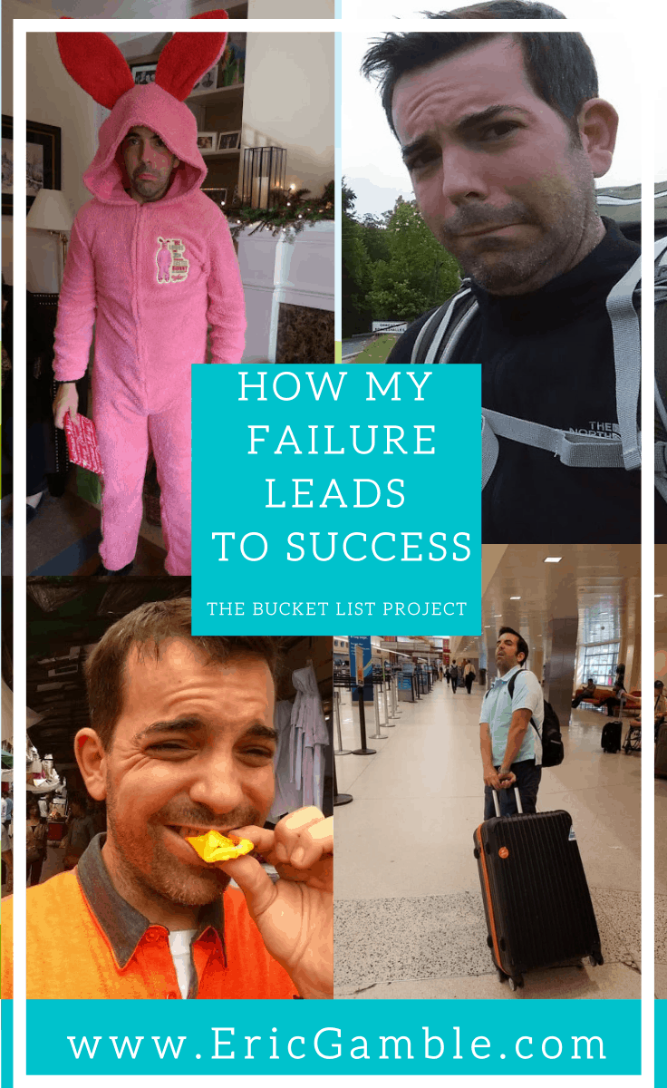Pinterest Picture of 4 images of Eric Gamble failing during different bucket list adventures